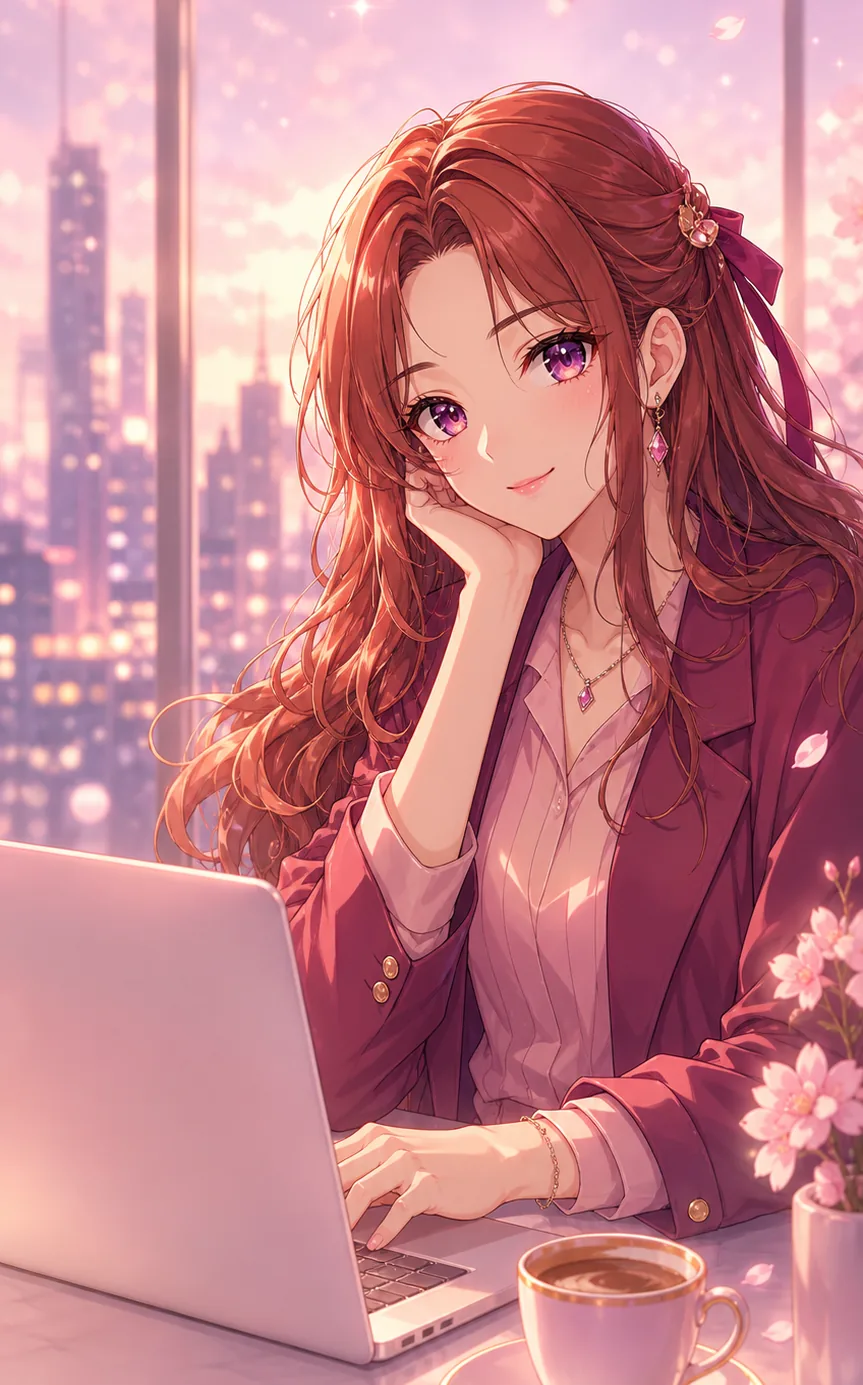 Ilustrasi anime bernuansa pink seorang developer bekerja di depan laptop